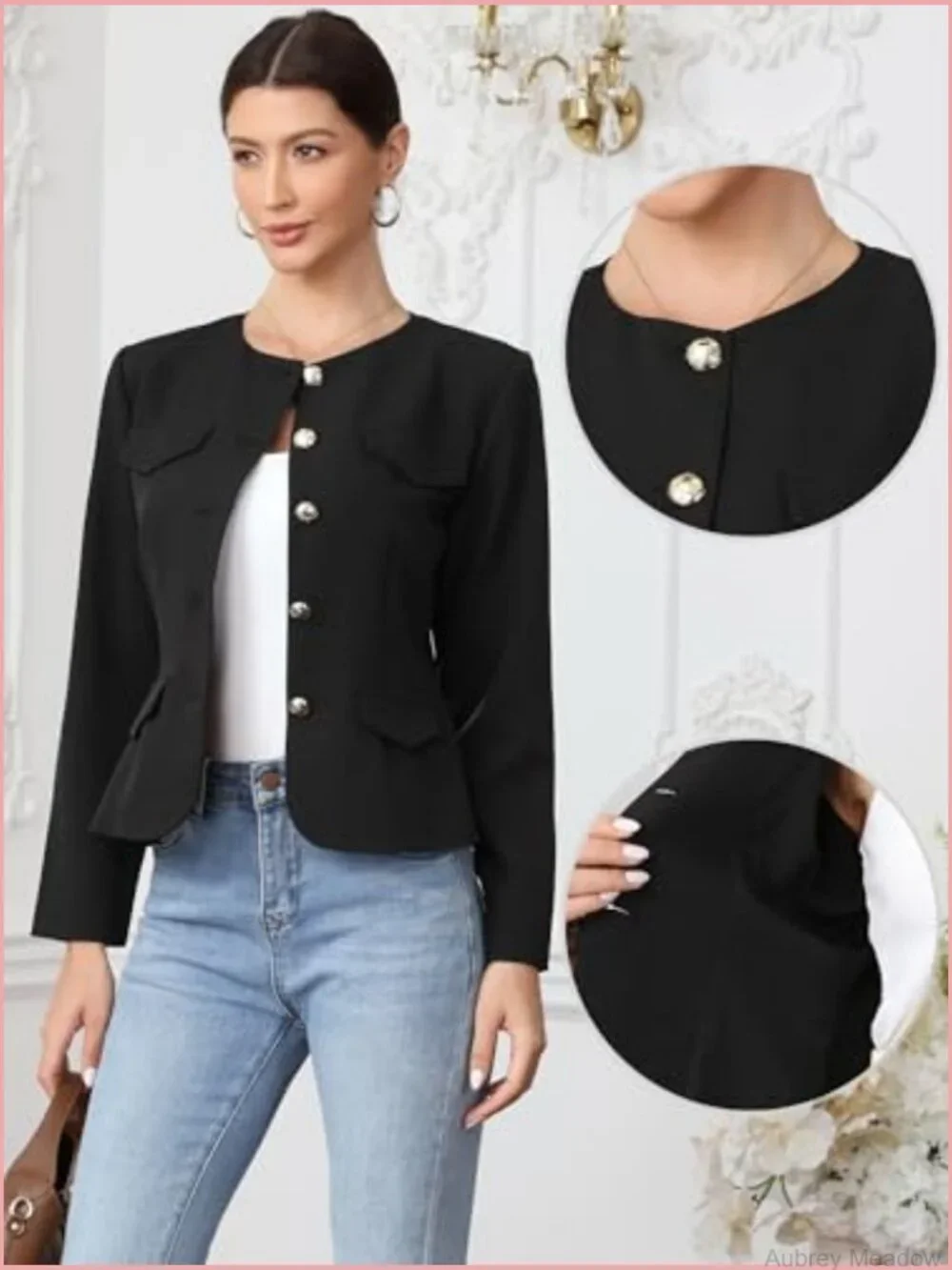 Collarless Blazer Jacket Business Casual Fitted Long Sleeve Button Down Work
